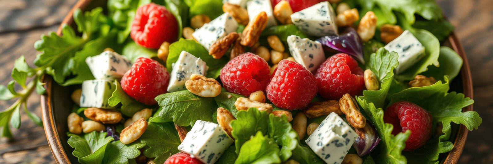 Fresh salad with raspberries, cheese, and nuts served in a wooden bowl at a rustic table setting